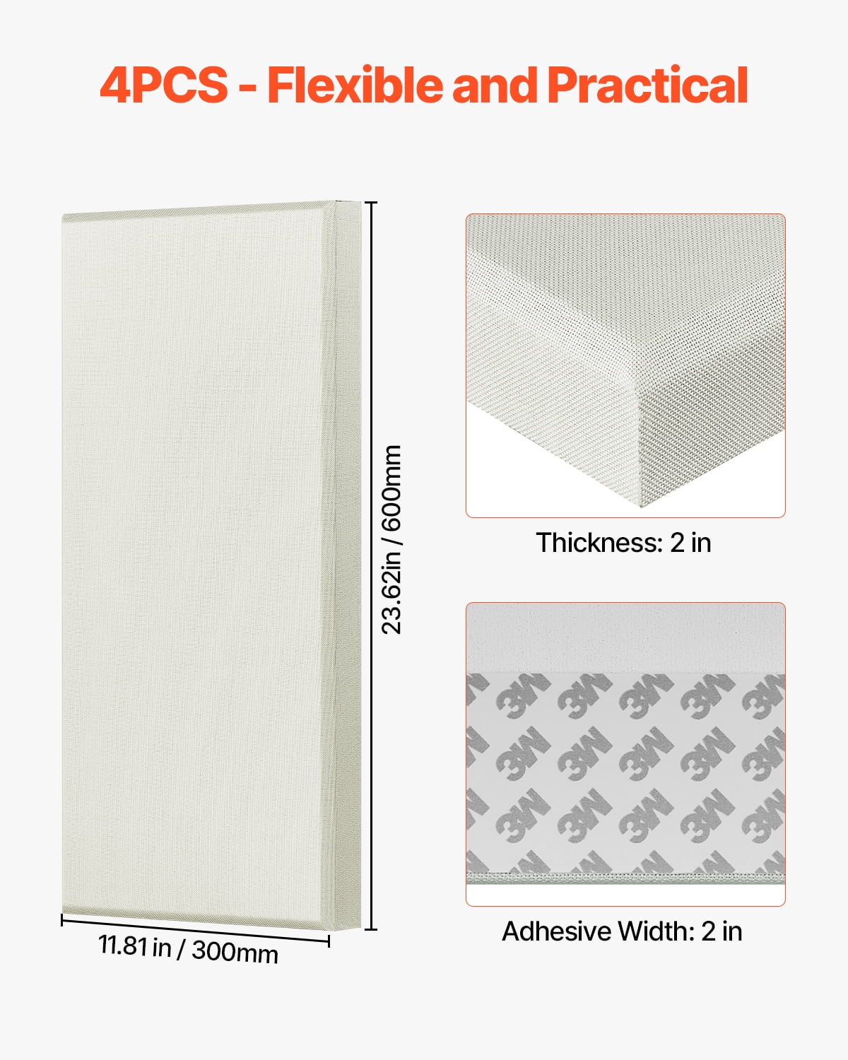 VEVOR 4 PCS Acoustic Panels, 2 inch Thick 23.6 x 11.8 inch Fiberglass Sound Absorbing Panels, Self-adhesive Soundproof Wall Boards, for Studios, Office, Home Theater,Meeting Room, Beige
