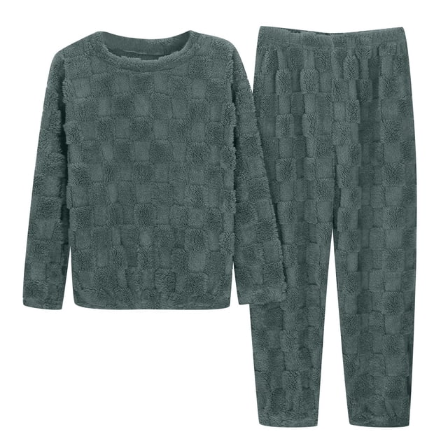 Conjunto de pijama de dos piezas de franela jacquard de color liso para mujer: top de cuello redondo y pantalones, ropa de estar por casa cálida para el invierno, talla única