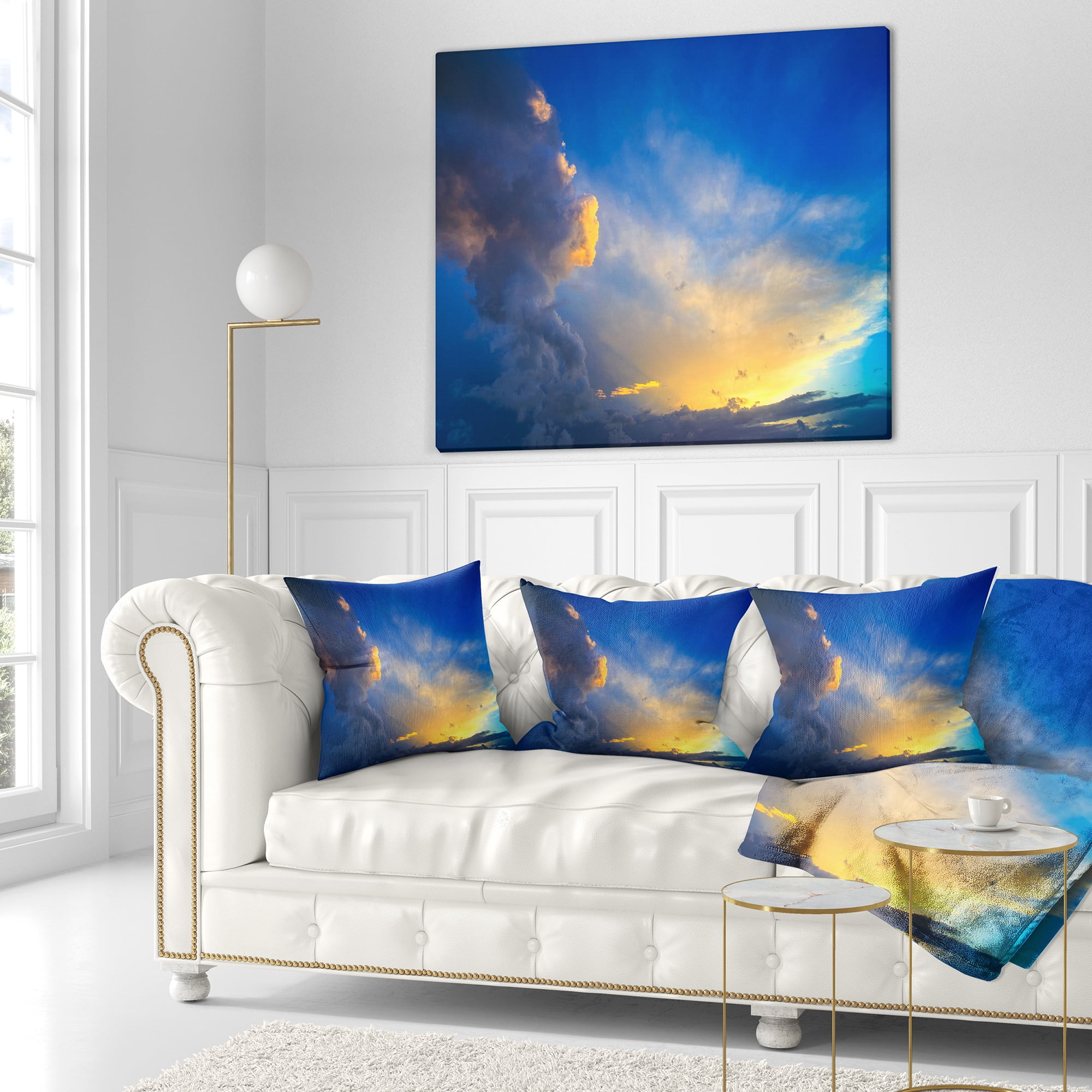 Designart Dramatic Sunset Sky with Thunderstorm - Beach Photo Throw Pillow - 16x16