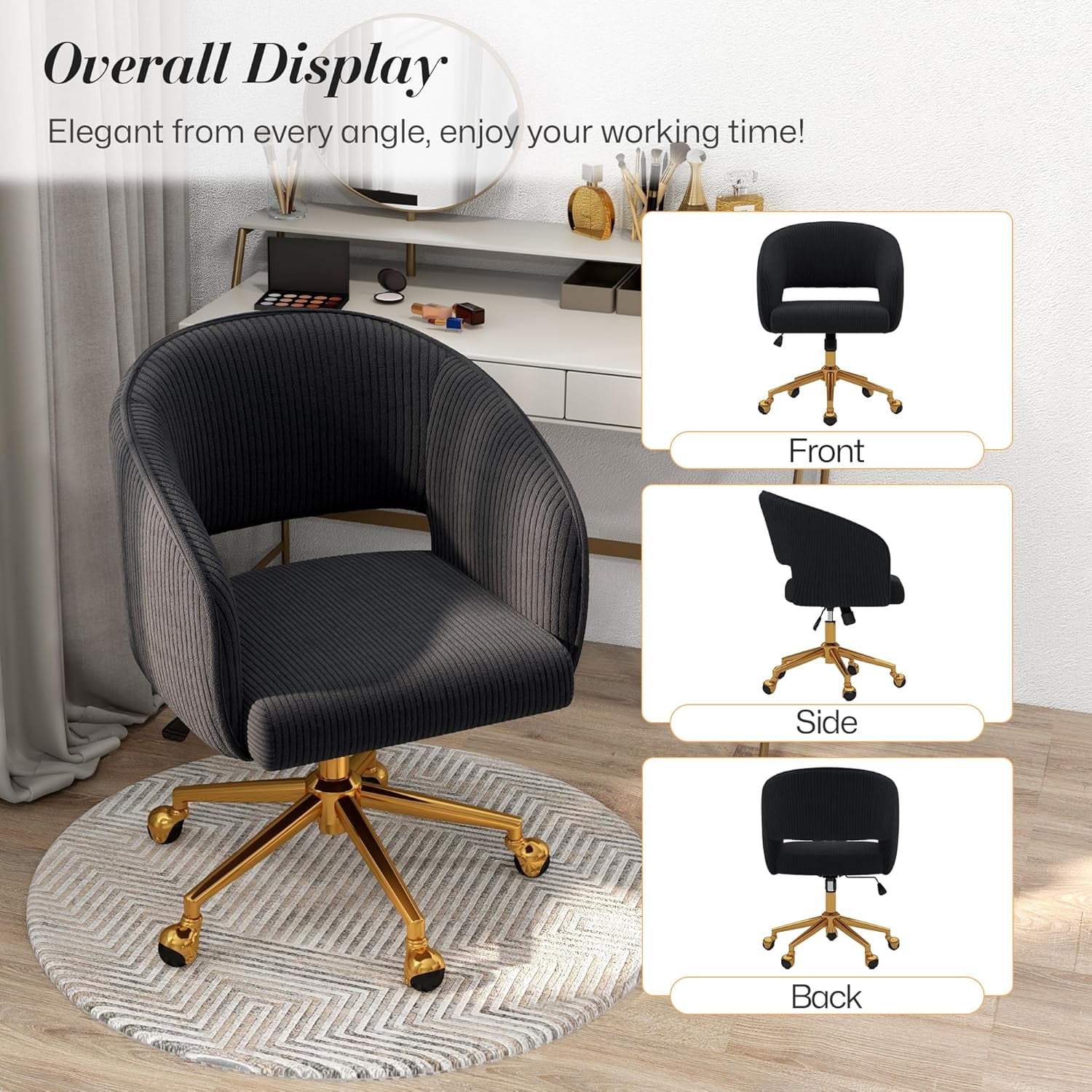 Home Office Swivel Desk Chair, Modern Corduroy Desk Chair, Height Adjustable Armchair with Gold Base, Ergonomic Office Chair for Living Room Vanity Study Computer Room, Black