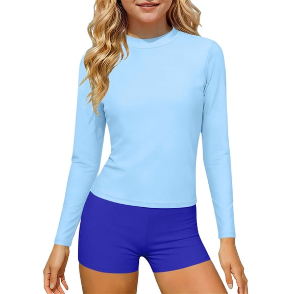 Teen Girls 2 Piece Activewear Outfit Solid Sporty Surf Rashguard Clothes Long Sleeve Crewneck Pullover Top Athletic Swim Shorts Set Casual Gym Training Suit