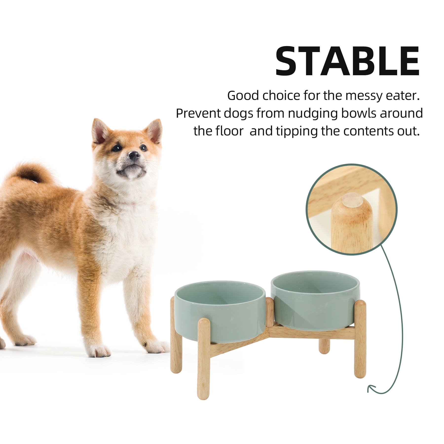 LarqeeWare Ceramic 6.1inch Raised Dog Bowl with Stand for Small and Medium Breed Dog Dish Pet Food and Water Bowl (Double Bowl with Stand - Light Green, 28oz)