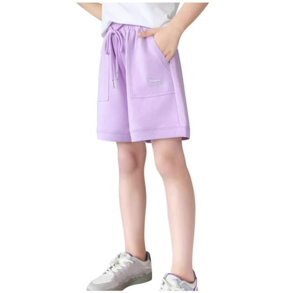 CYRBOKO Girls Athletic Shorts, Loose Elastic Waist Casual Summer Shorts Purple Size 14-16T