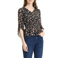 thumbnail image 4 of INSPIRE CHIC Women's Chiffon Floral Blouse V-neck Flare Sleeve Spring Smock Waist Top Black S, 4 of 5
