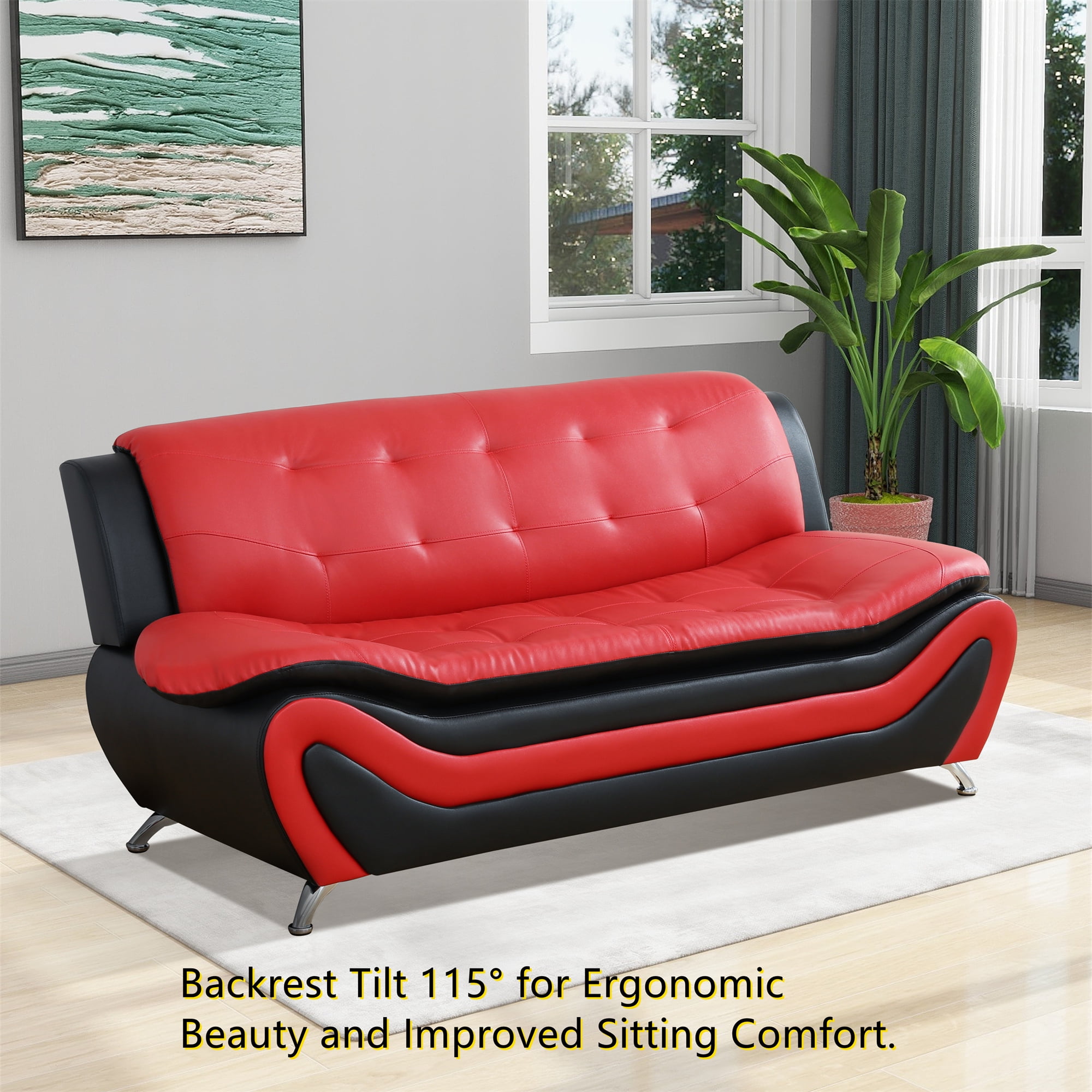 Aukfa 3 Piece Sofa Set - 76.5" Upholstered 3 Seat Sofa Couch for Living Room Bedroom, Leather, Red