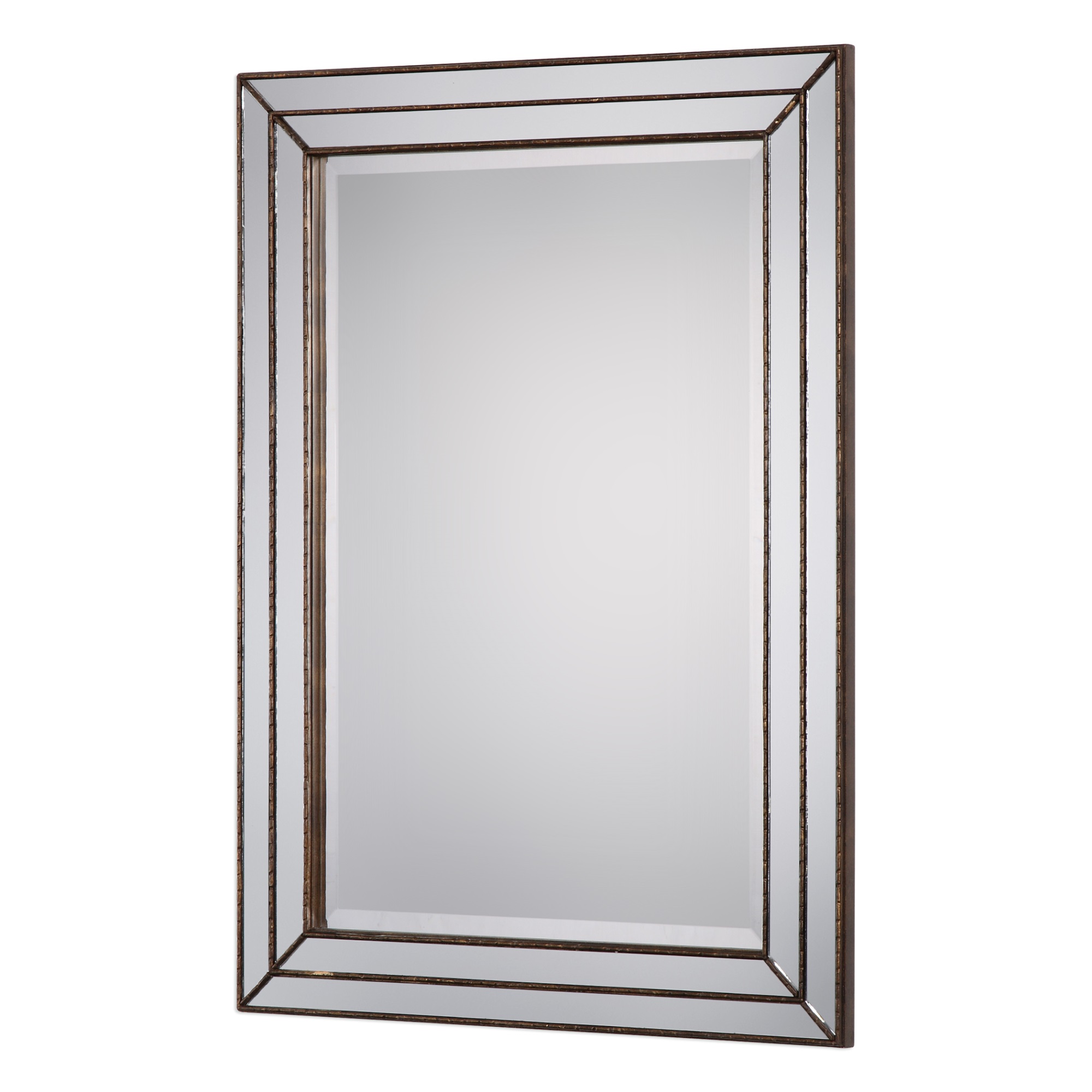 Rectangular Wooden Frame Mirror with Grooved Edges, Bronze and Silver