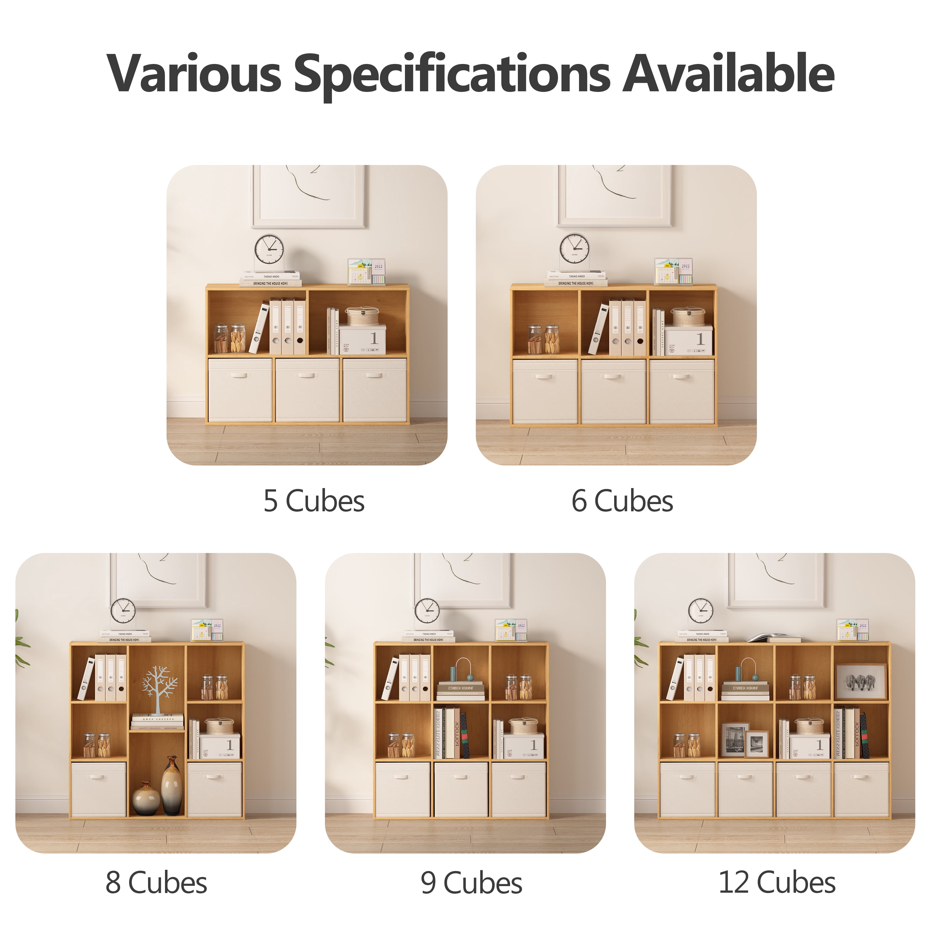 Jpiziso 6 Cube Storage Organizer 35.98" x 9.45" x 24.09" Bookcases with Closed Back for Home Office, Living Room, Bed Room Natural Oak