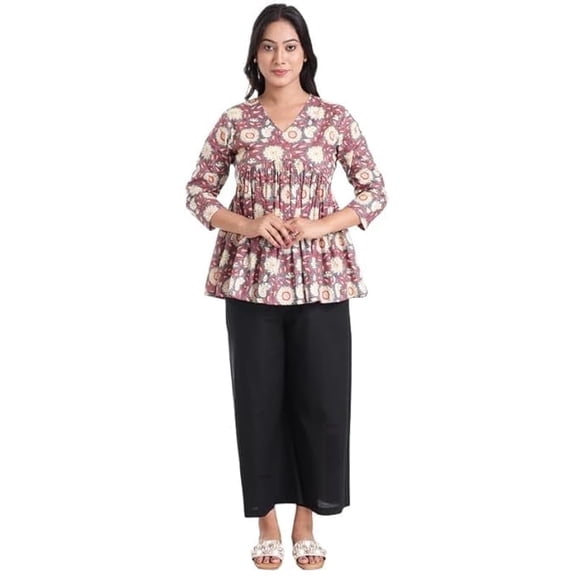 VIBHNYA Slit Neck 3/4 Sleeve Casual Blouse and Top for Big Girls Soft Comfortable Everyday Wear