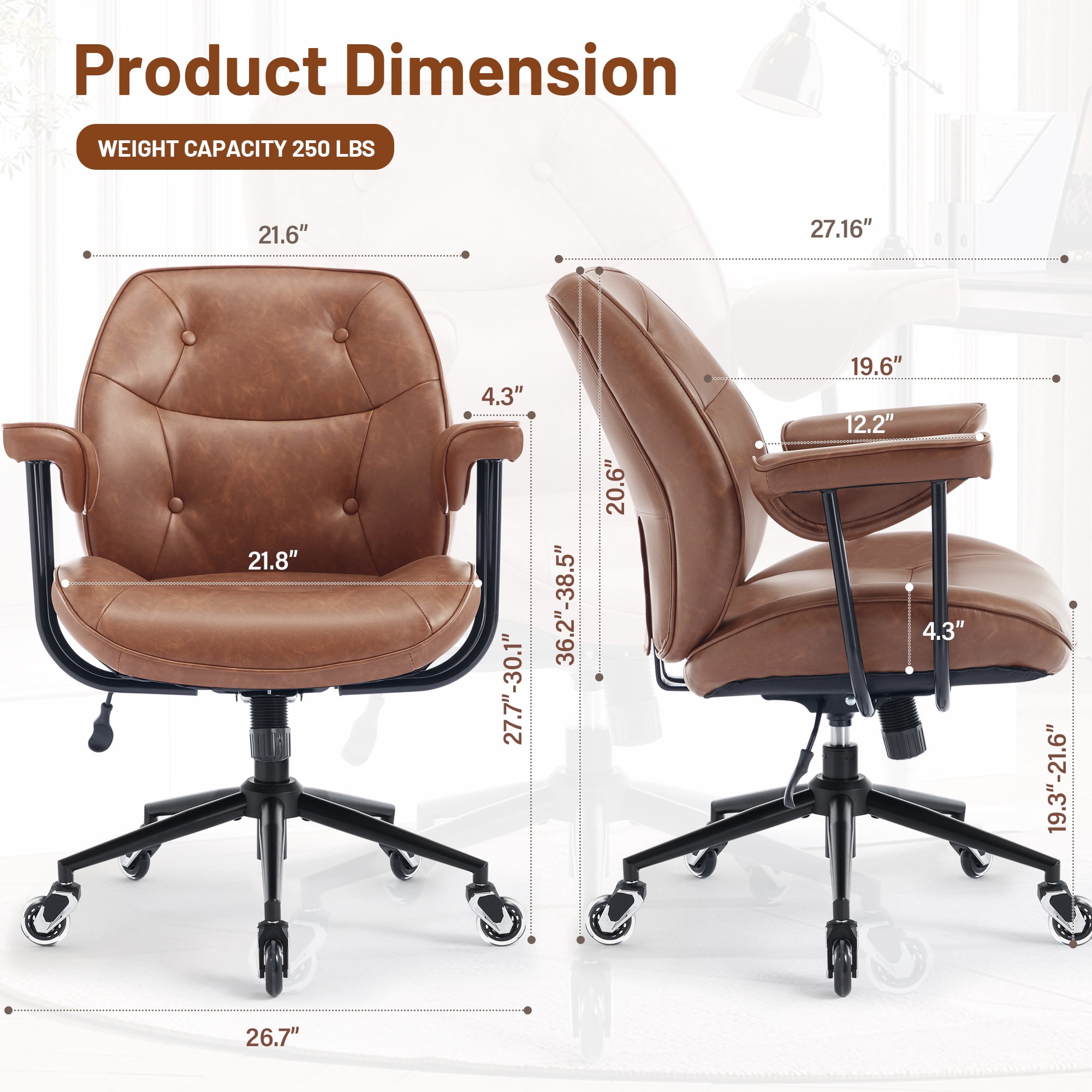 Mid Century Modern Office Desk Chair with Wheels and Arms, Mid Back Ergonomic Office Chair with Lumbar Support, Swivel Leather Computer Desk Chair for All Day Comfort