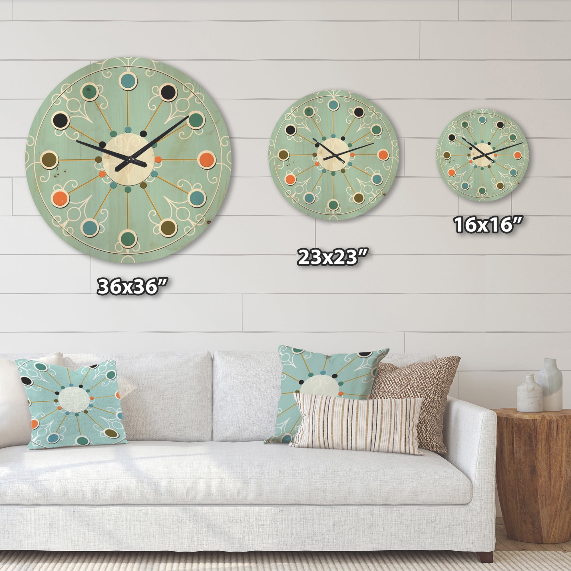 Designart 'Minimal Turquoise Ornament' Mid-Century Modern Wood Wall Clock