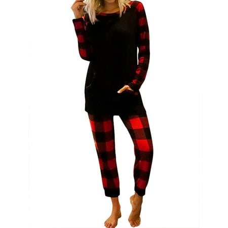 

Women Plaid Printed Pockets Patchwork Long Sleeves Long Pants Pajamas Lounge Suit