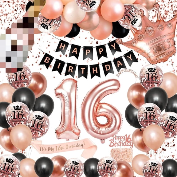 16th Birthday Decorations Girls, Rose Gold Black Balloon Set with Happy Birthday Banner Garland Confetti Balloons, 16 Party Supplies