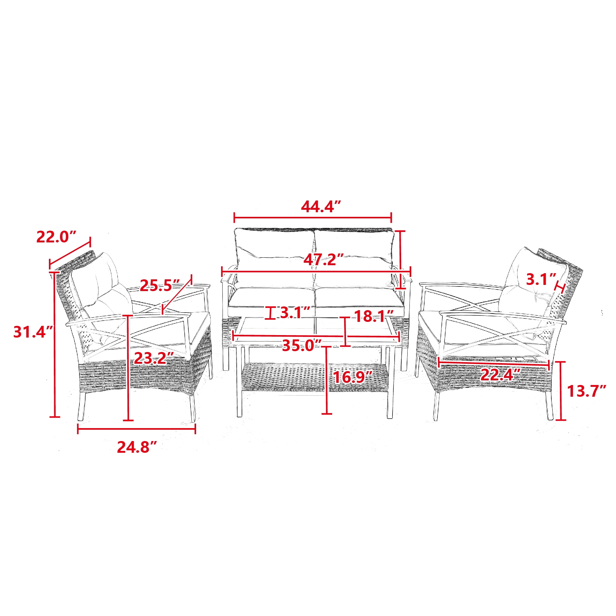 4-Piece Patio Conversation Sets, 2025 Upgrade All-Weather Wicker Patio Furniture Set w/Seat Cushions & Tempered Glass Coffee Table, Outdoor Patio Sets for Porch Poolside Backyard Garden, 705lbs