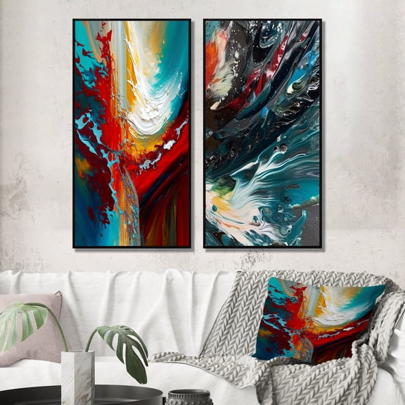 Designart "Teal Rhythms Abstract Awakening" Abstract Painting Framed Wall Art Set Of 2 - Modern Red Framed Canvas Set For Living Room Decor