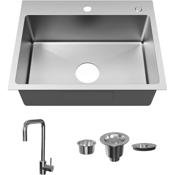 Goodyo 24" x 18" Drop in Kitchen Sink Stainless Steel Single Bowl Kitchen Sink with Drain Kit and Faucet