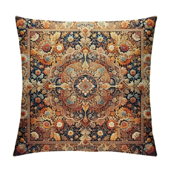 JRXY  Boho Vintage Throw Pillow Cover Carpet Orange Pattern Antique Ethnic Decorative Pillow Cases Home Decor Square Pillowcase White