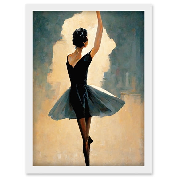 Ballet Dancer Spinning In Black Dress Pastel Artwork Framed Wall Art Print A4