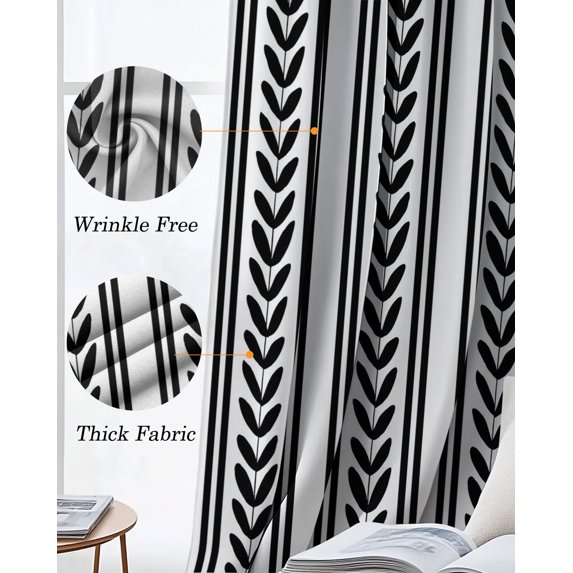 Black Botanical Blackout Curtains Light Blocking Print Window Curtains, Modern Farmhouse Striped Thermal Insulated Window Drapes for Living Room Kitchen Cafe (2 Panels, 84"W x 84"L)
