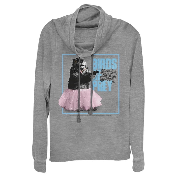 Junior's Birds of Prey Dancing Chipmunk Logo  Cowl Neck Sweatshirt Gray Heather 2X Large