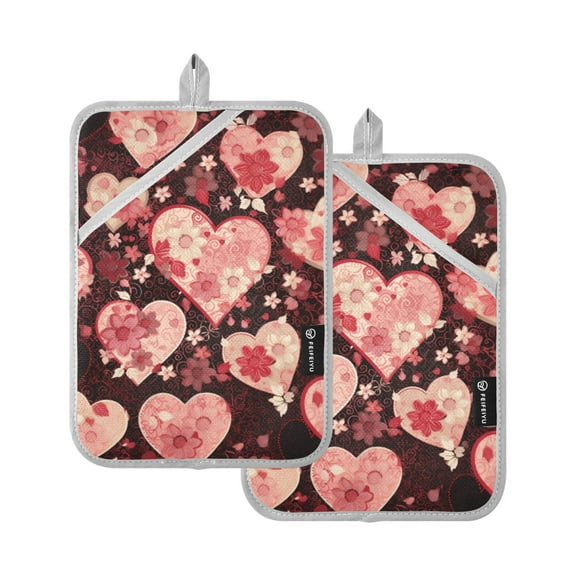 ALAZA Love Hearts and Flowers Valentine Pot Holders Set of 2 Heat Resistant Kitchen Oven Mitts