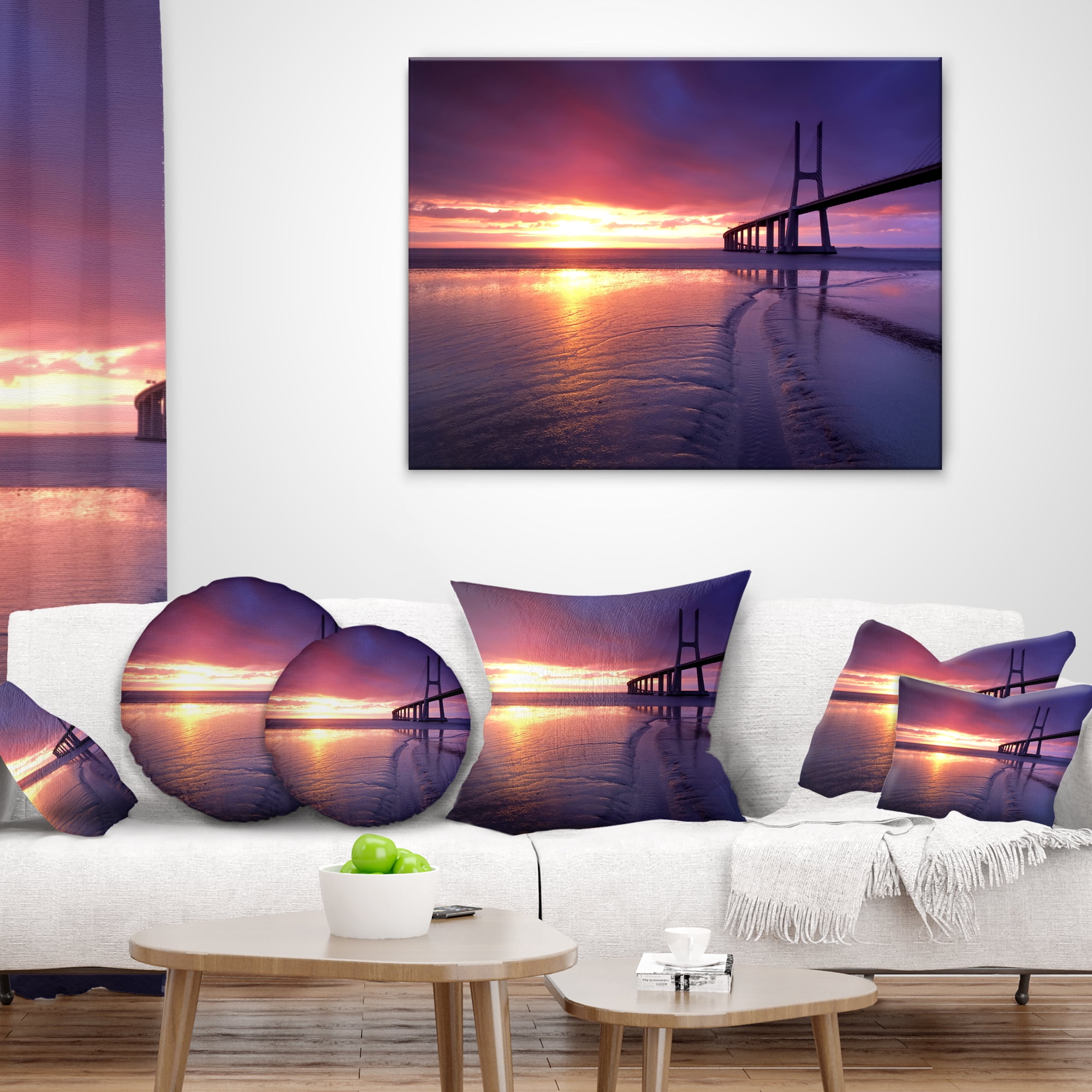 Designart Colorful Vasco Da Gama Bridge - Pier Seascape Throw Pillow - 16x16