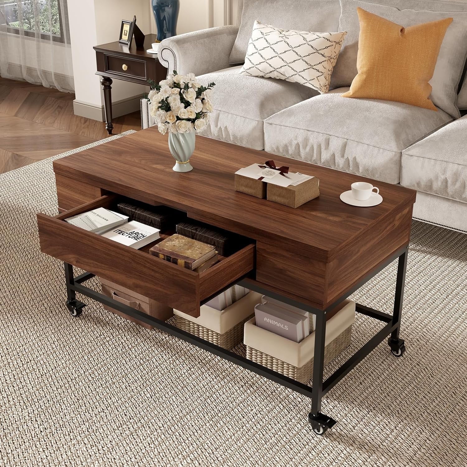 3 Modes Lift Top Coffee Table with hidden Drawer Storage for Living Room&Dining Room, Walnut