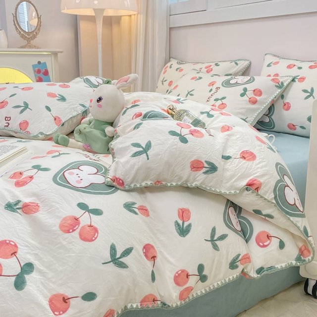INS Girls Cherry Bedding Set Soft Washed Cotton Bed Sheet Queen King Size Simple Quilt Cover Pillowcase Bed Linens