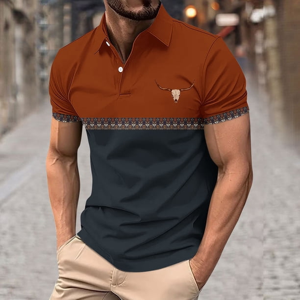 Blusa y camisa de manga corta con cuello vuelto para hombre, blusa de manga corta con solapa y botones estampados, blusa de poliéster para hombre