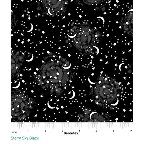Cotton Starry Sky Black Happy Hauntings Glow in the Dark Stars Moons Night Sky Benartex Black Cotton Fabric Print by the Yard (14947G-12)