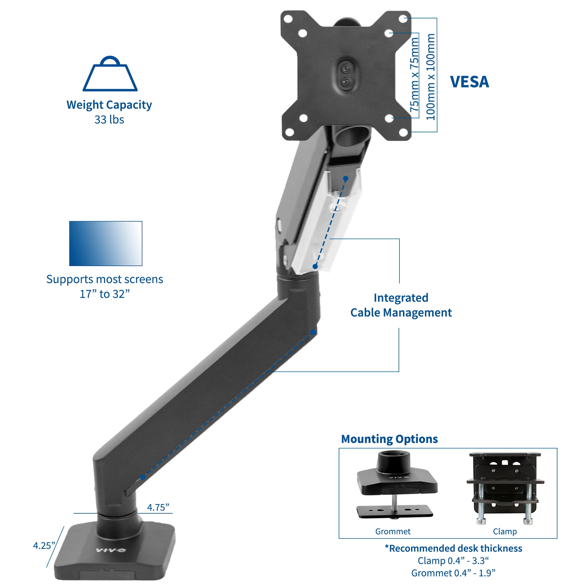 VIVO Single Monitor Stand Desk Mount w// Pneumatic Spring ArmUp to 32/" Screen