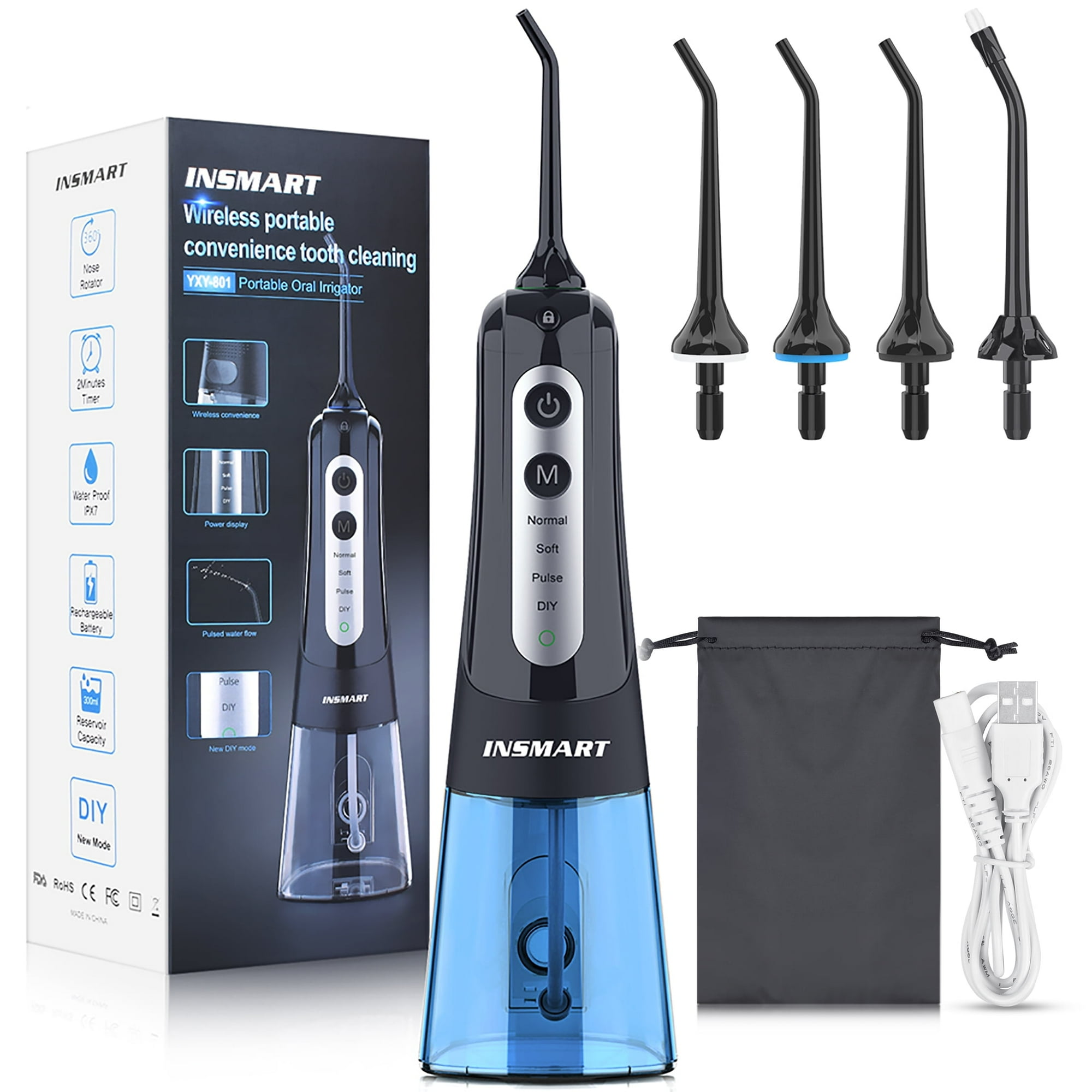Cordless Water Flosser for Teeth, INSMART,Portable Rechargeable Teeth Cleaner with DIY Mode RGB Light, 4 Jet Tips IPX7 Waterproof Dental Oral Irrigator