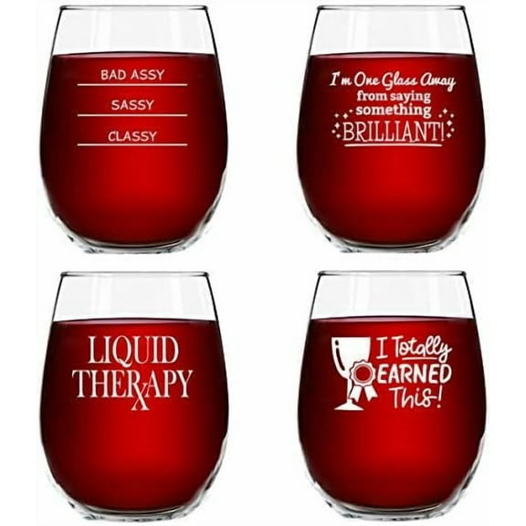 Funny Stemless Wine Glasses Set of 4 (15 oz)- Funny Novelty Wine Glassware Gift for Women- Party, Event, Hosting Fun- Wine Lover Wine Glass with Funny Sayings