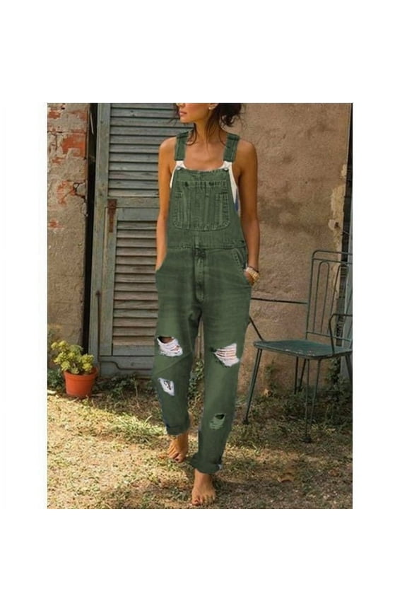 Kiplyki Christmas Winter Denim Pants for Women Washed Bib Overalls Ripped Jumpsuits Rompers