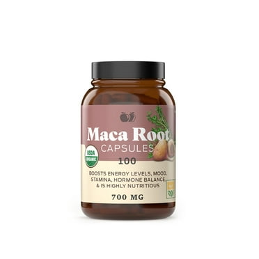 Organic Maca Root Powder Capsules - 100 pills, 640mg of Pure and Raw red, black, & yellow Peruvian Ginseng