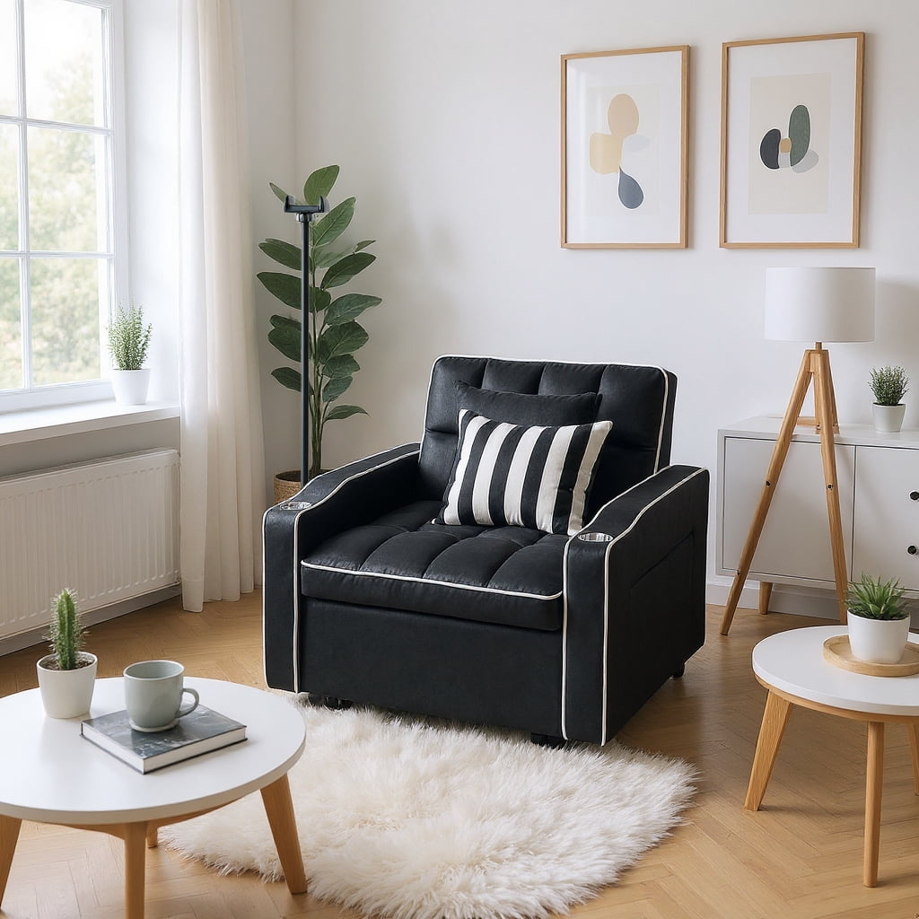 Gewnee 37.2''Convertible Sofa Bed with USB and Phone Holder,2 Cup Holders and 3 Adjustable Backrest,Suitable for Living Room,Apartment and Office.Black