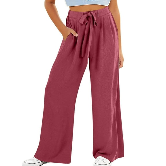 UQJfacai Girls Pants Linen Summer Casual Baggy Pant Drawstring Elastic High Waisted Lounge Wide Leg Trouser with Pockets 4-14 Years