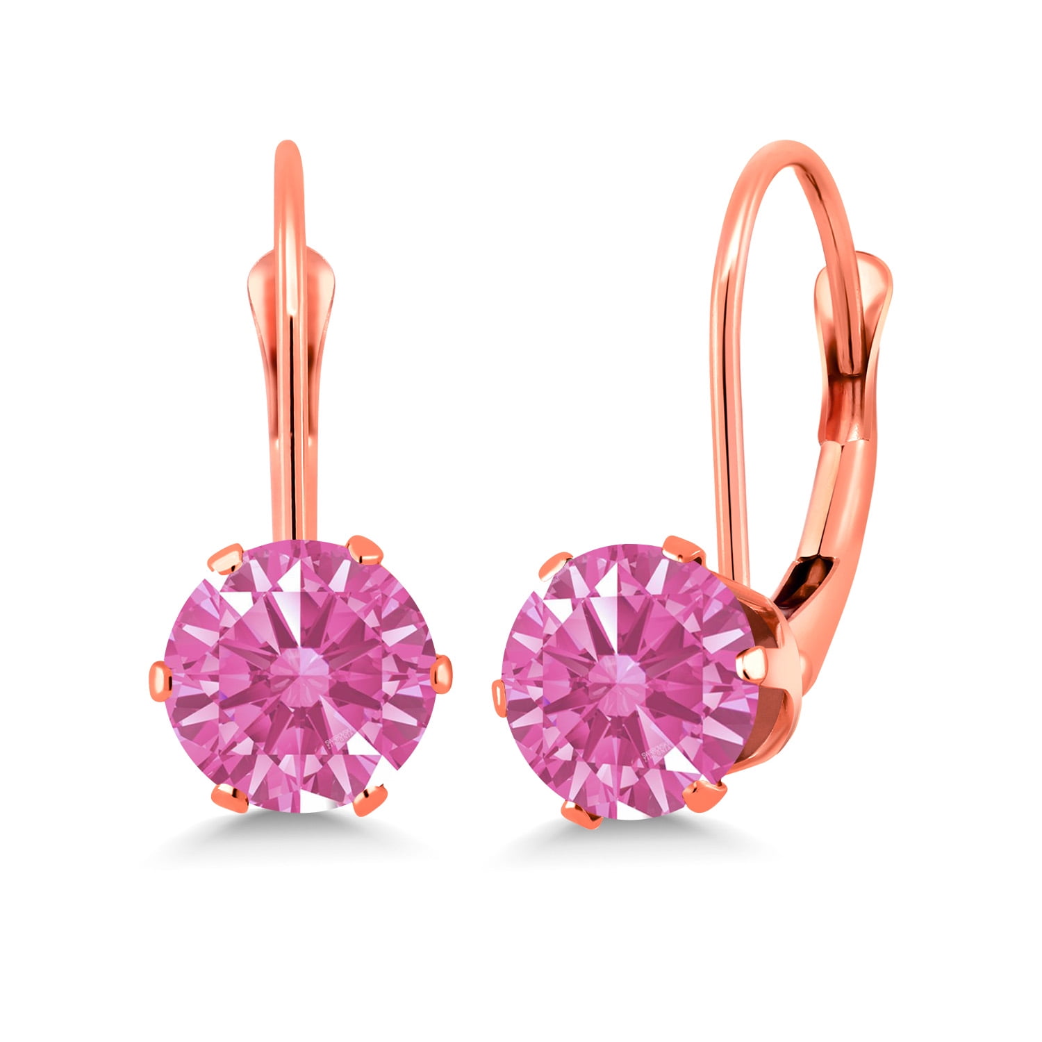 Gem Stone King Pink Zirconia Leverback Earrings for Women (1.68 Cttw, Gemstone Birthstone, Round 6MM)
