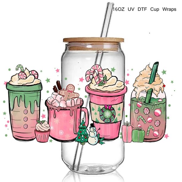 30+New Best Seller Cute Christmas Design 3D UV DTF Cup Wrap Transfers Stickers Waterproof 16oz Glass Christmas UV DTF Wrap