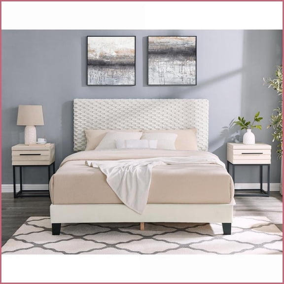 Bedroom Furniture Set 3-Piece Queen Plush Upholstered Bed with 2 Nightstands White Dove | FabricMDFUpholstered | Standard Beds