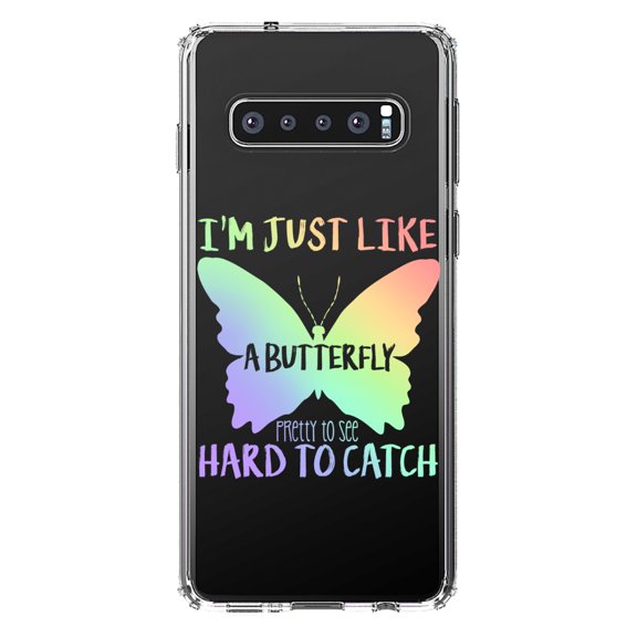 DistinctInk Clear Shockproof Hybrid Case for Samsung Galaxy S10 (6.1" Screen) - TPU Bumper Acrylic Back Tempered Glass Screen Protector - Like Butterfly - Pretty to See Hard to Catch