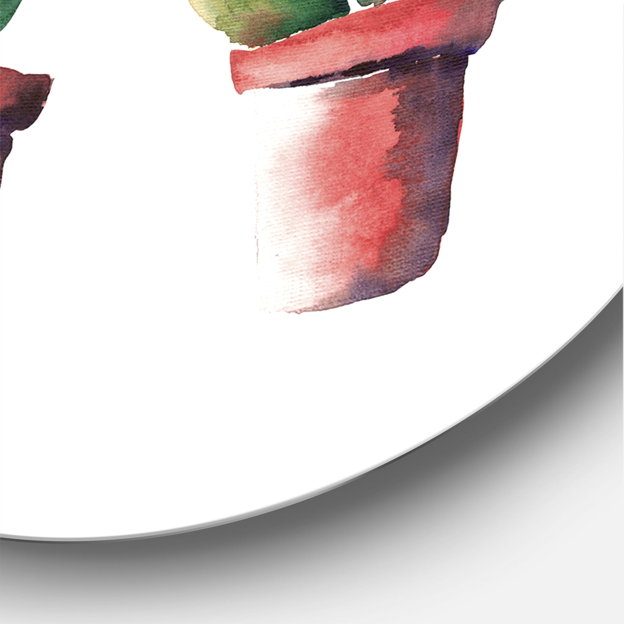 Designart 'Three Cacti In Clay Pots On White' Traditional Circle Metal Wall Art 11x11 - Disc of 11