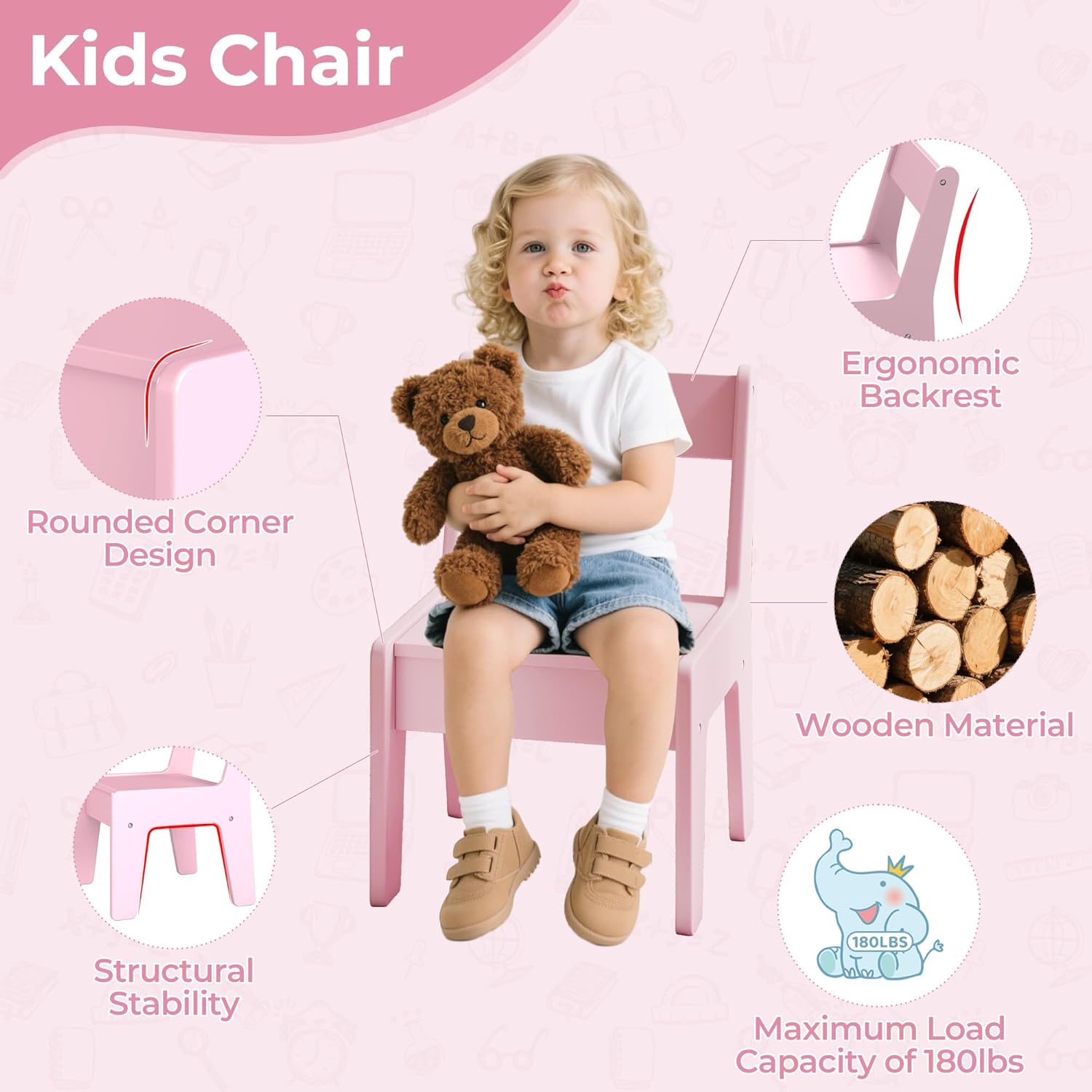 Toddler Table and Chair Set, Wooden Kids Desk and Chair Set, Pink Study Table and Chair Set for Girls, Kids Acitvity Table with Storage for Ages3-8, Toddler Desk and Chair for Bedroom/Nursery