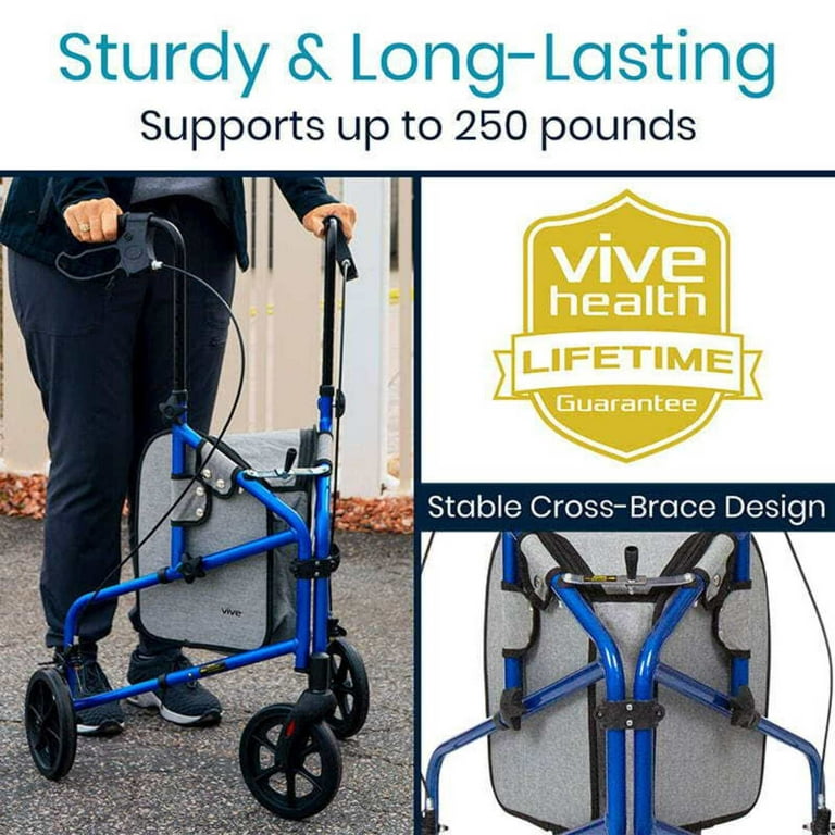 Vive 3 Wheel Walker Rollator for Senioirs - Lightweight Foldable Walking  Transport, Weight Capacity 250lbs, Blue