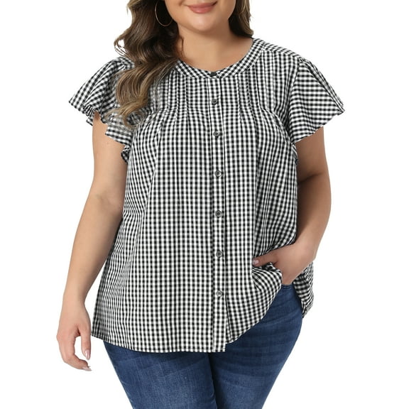 Agnes Orinda Women's Plus Size Gingham Tops 1950s Vintage Plaid Back Pleated Button Down Crew Neck Ruffle Sleeve Summer Shirt 2X Black