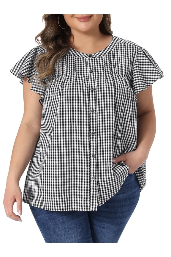 Women's Plus Size Gingham Tops 1950s Vintage Plaid Back Pleated Button Down Crew Neck Ruffle Sleeve Summer Shirt 4X Black