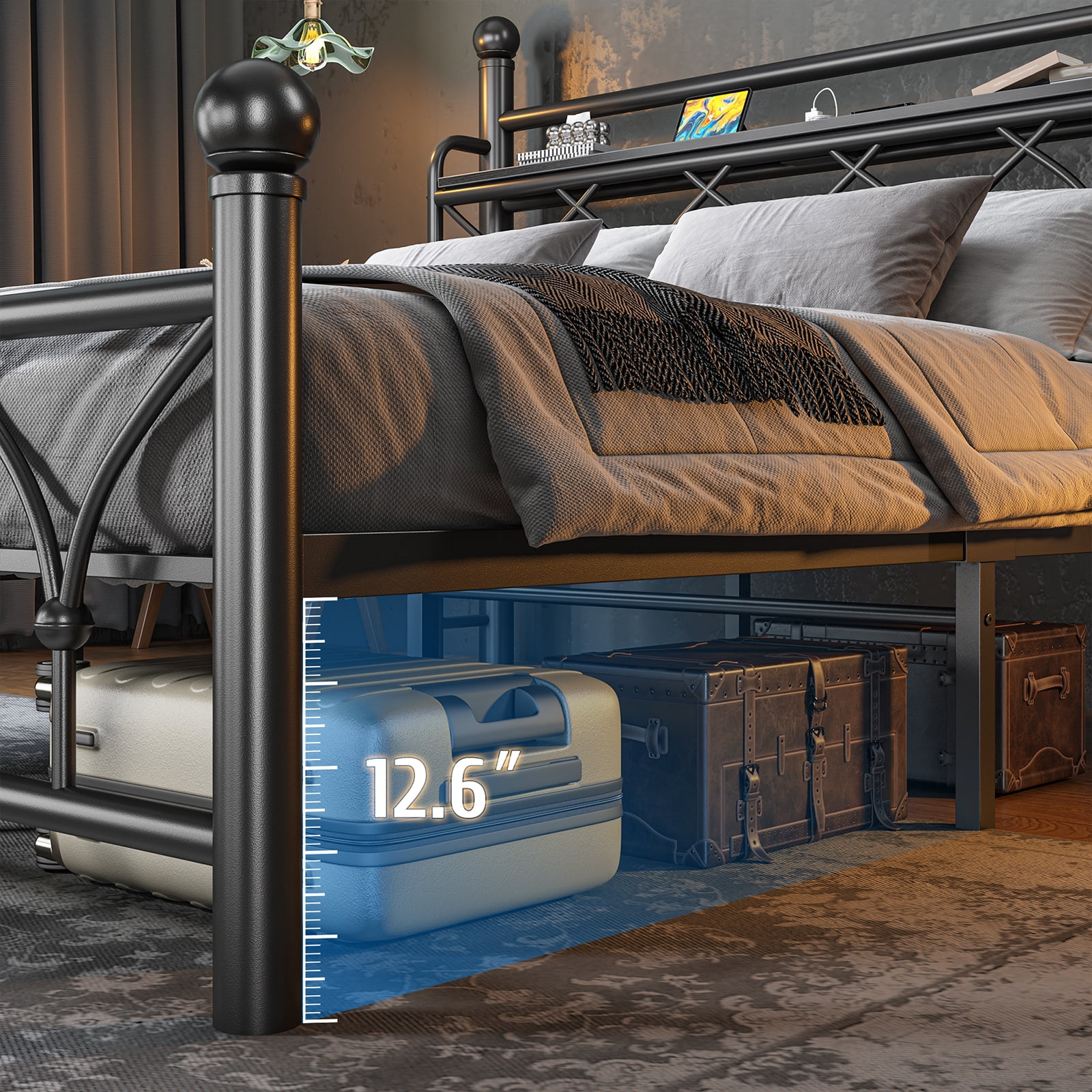 EnHomee Full Metal Bed Frame with Vintage Headboard & Footboard Metal Platform Bed Frame Full Heavy Duty Metal Bed Frame with LED Lights & Charge Station &Storage, Noise Free,Black