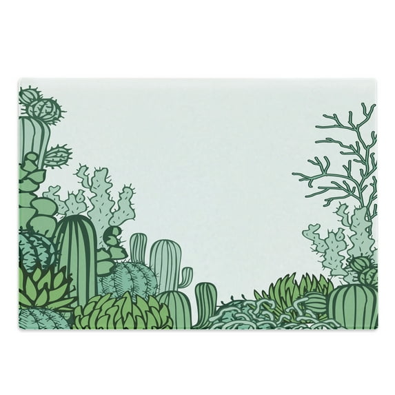Cactus Cutting Board, Arizona Desert Themed Doodle Cactus Staghorn Buckhorn Ocotillo Plants, Decorative Tempered Glass Cutting and Serving Board, Large Size, Green Pale Green Seafoam, by Ambesonne