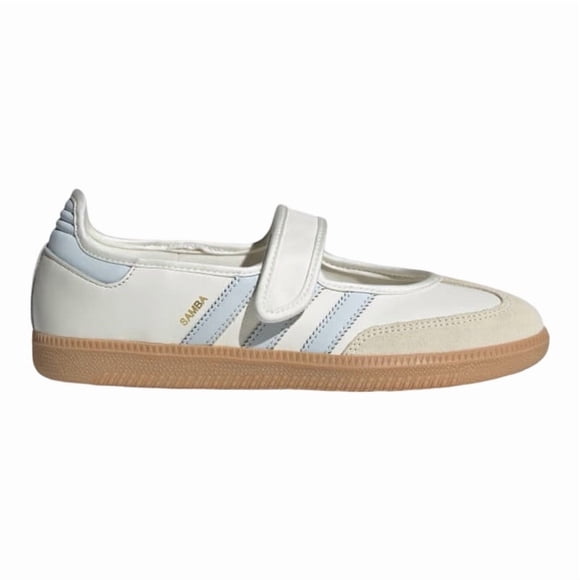 Tenis Zapatilla Adidas Samba Jane para dama, color blanco con paneles en azul, correa de gancho, suela de goma, composición; Piel de becerro, ante de Becerro, Tela y Goma.