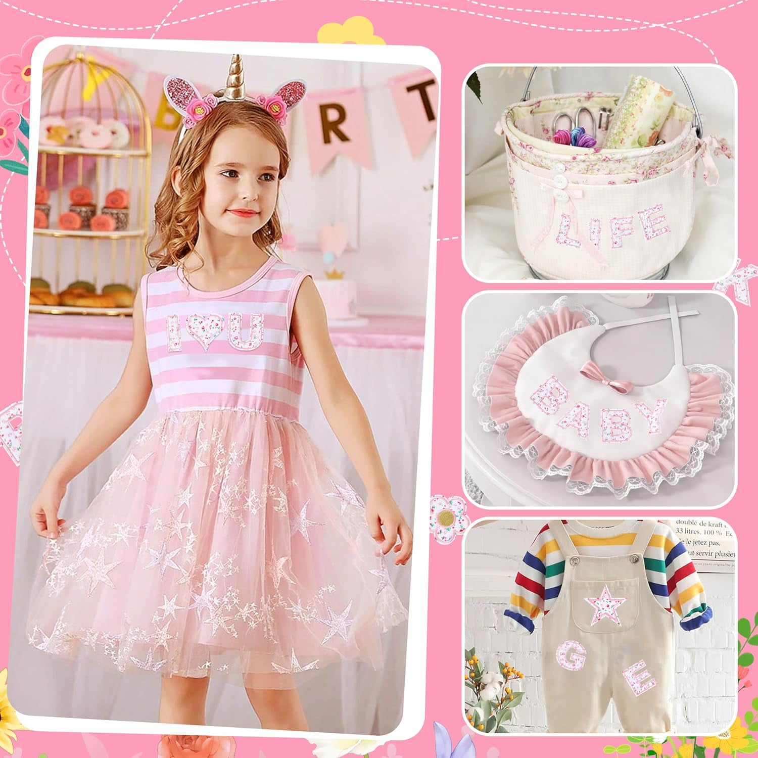 Letter Patches Self-Adhesive for Girls Clothing: Pink 60Pcs Flowers Butterfly Letters Patch Stickers - Cute Fabric A-Z Alphabet Applique Patches Stick on Jackets Hats Bags DIY Crafts