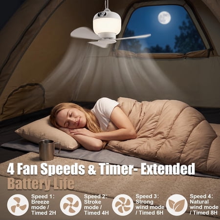 Camping fan with lights and remote control, wireless rechargeable tent fan, featuring 4 speeds, 3 light modes, timer, battery-powered fan, suitable for tents, and outdoor activities